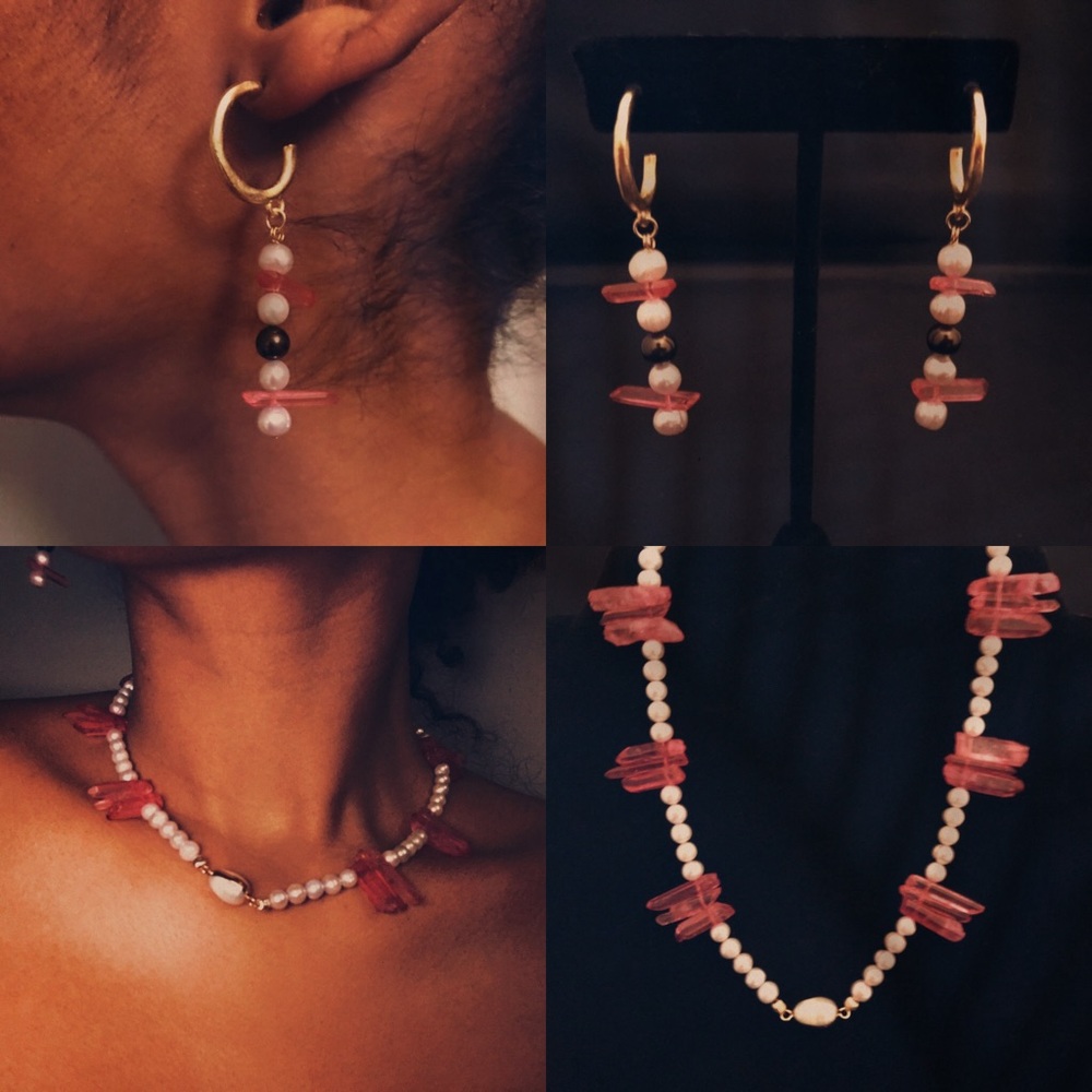 Lavender T Handmade, Gold Plated, Freshwater Pearl & Pink Quartz Set